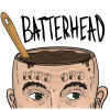 "Batterhead" logo with a photo of a man with the top of his head cut off to look like a bowl, filled with batter, with a spoon sticking out